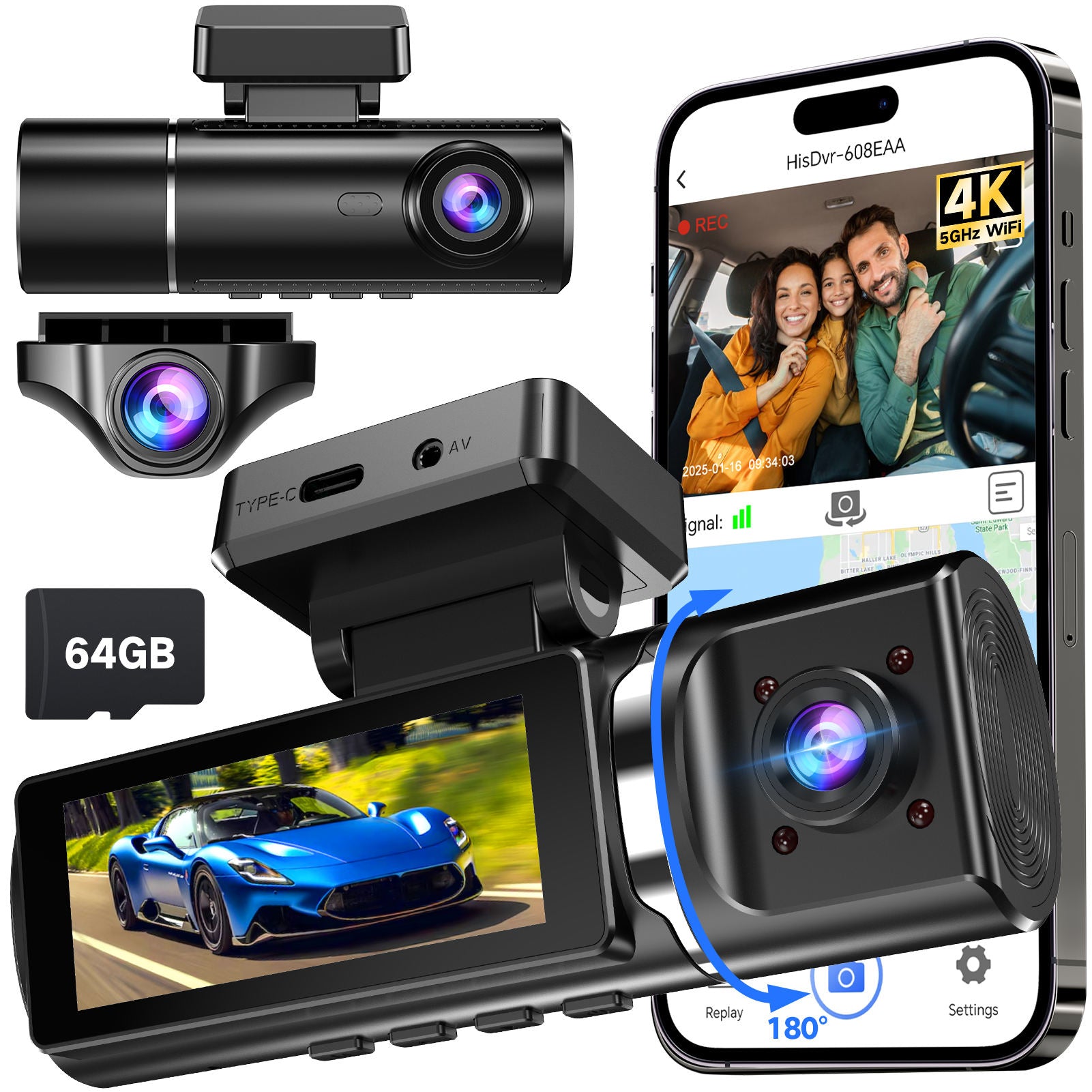 4K Dash Cam Front Rear 4G GPS WiFi 3-4 Channel DVR + 64GB Lexar Card
