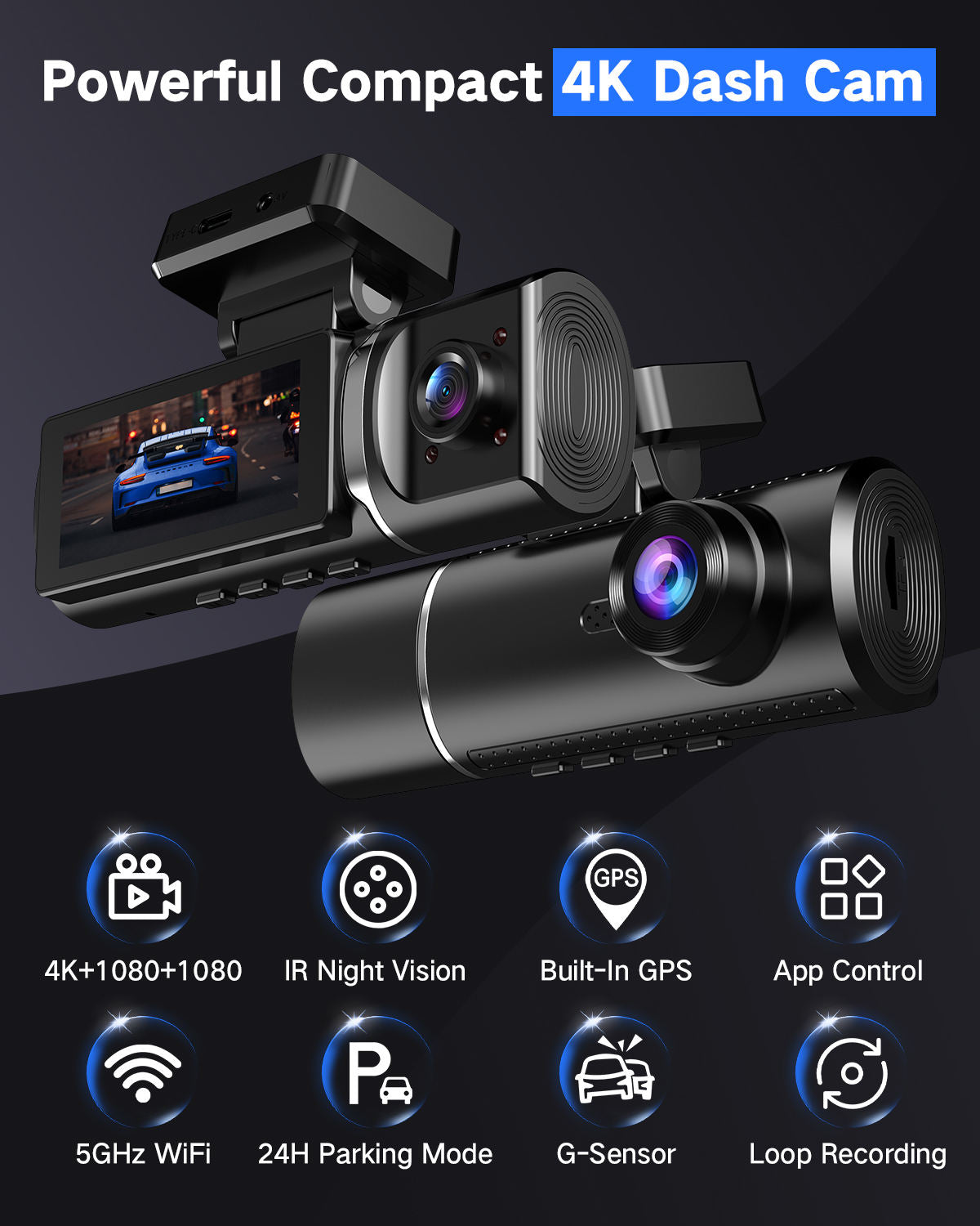 4K Dash Cam Front Rear 4G GPS WiFi 3-4 Channel DVR + 64GB Lexar Card
