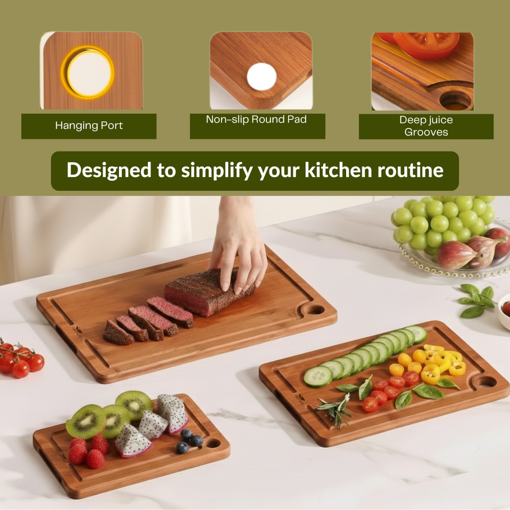 Bamboo Cutting Board for Kitchen, Wooden Cutting Board 3-Piece Set with Non-Slip Mat Deep Juice Groove, Wood Cutting Board for Meat, Vegetables, Fruit.