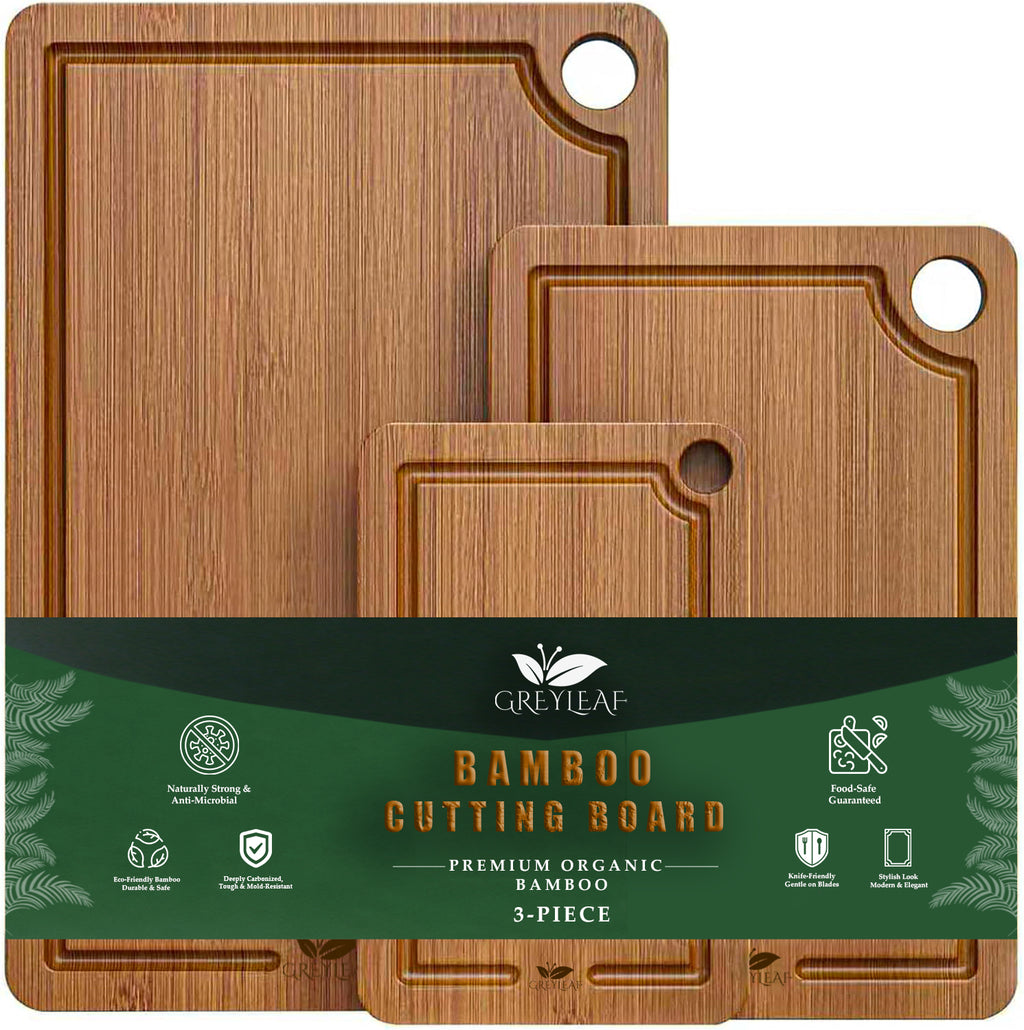 Bamboo Cutting Board for Kitchen, Wooden Cutting Board 3-Piece Set with Non-Slip Mat Deep Juice Groove, Wood Cutting Board for Meat, Vegetables, Fruit.