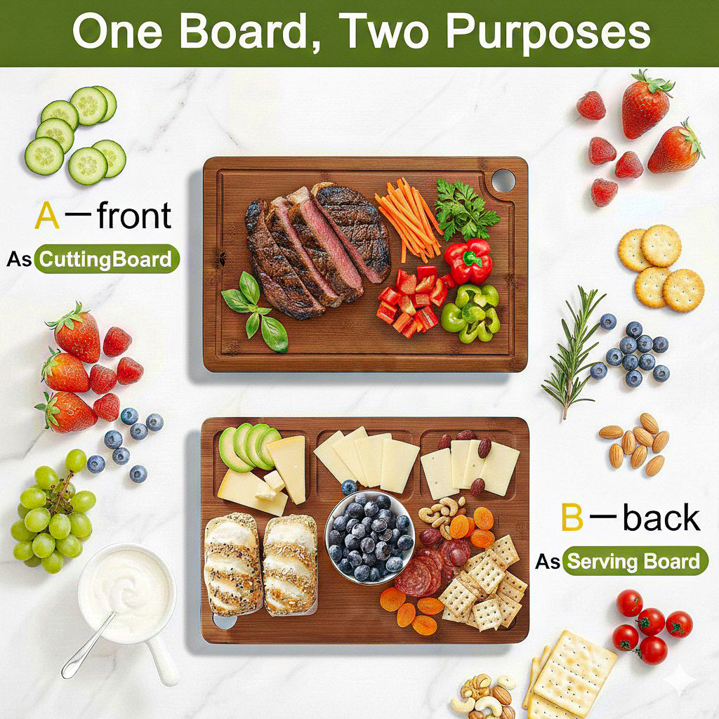 Bamboo Cutting Board for Kitchen, Wooden Cutting Board 3-Piece Set with Non-Slip Mat Deep Juice Groove, Wood Cutting Board for Meat, Vegetables, Fruit.