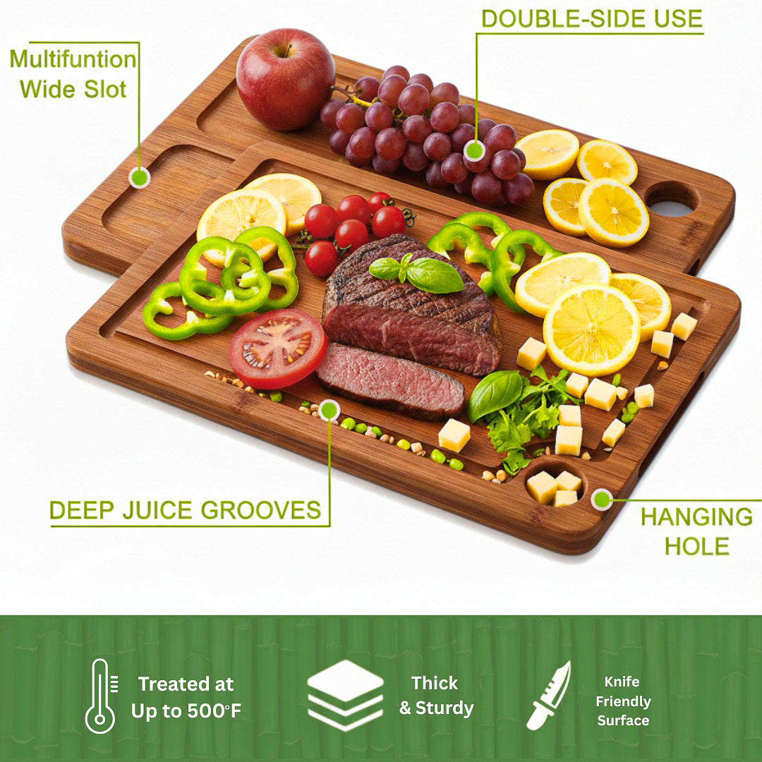 Bamboo Cutting Board for Kitchen, Wooden Cutting Board 3-Piece Set with Non-Slip Mat Deep Juice Groove, Wood Cutting Board for Meat, Vegetables, Fruit.